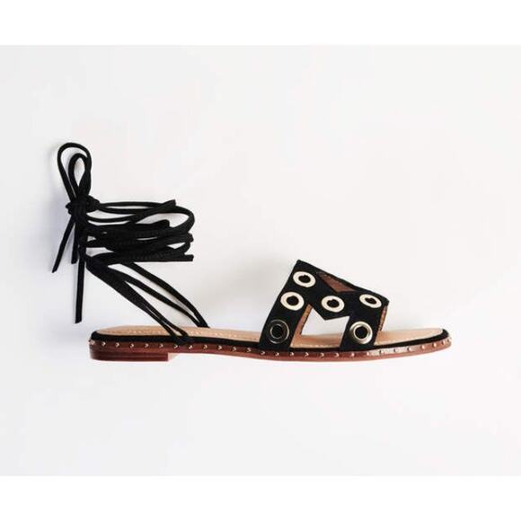 Maje Black Suede Lace Up Flat Sandals Size 40 Grommet Eyelet Detail Boho Resort - Picture 1 of 10